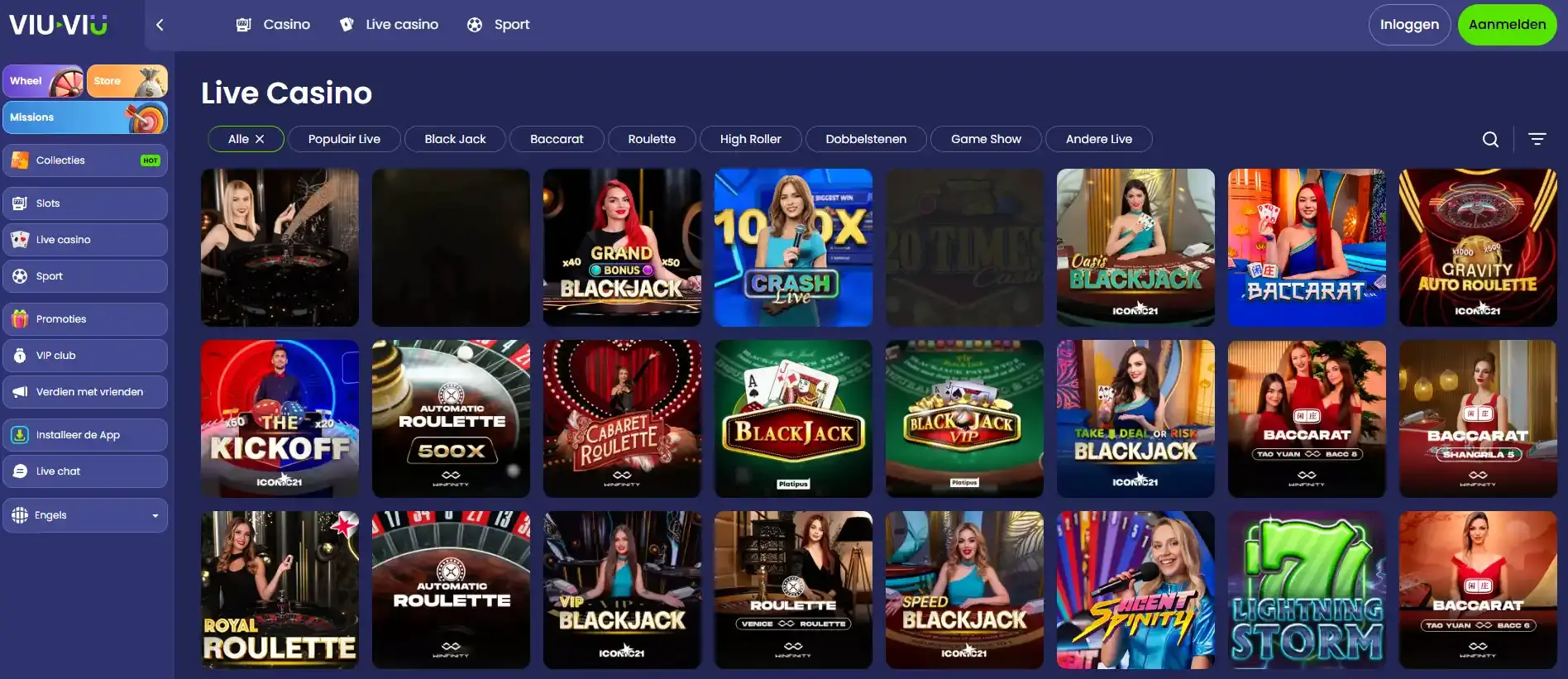 Actuele Viu-viu live casino lobby met live spelcategorieën en zichtbare tafels