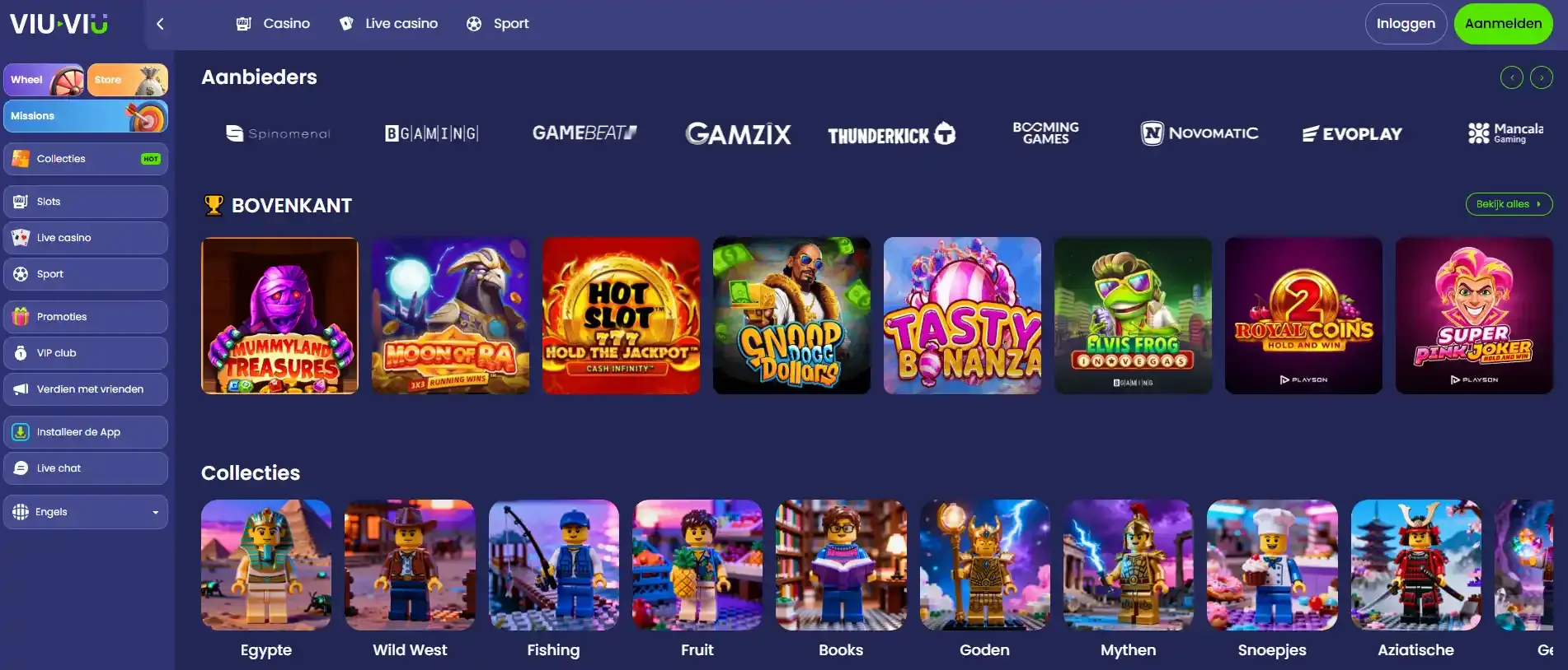 Actuele Viu-viu spellenlobby met zichtbare spelcategorieën en providerfilters