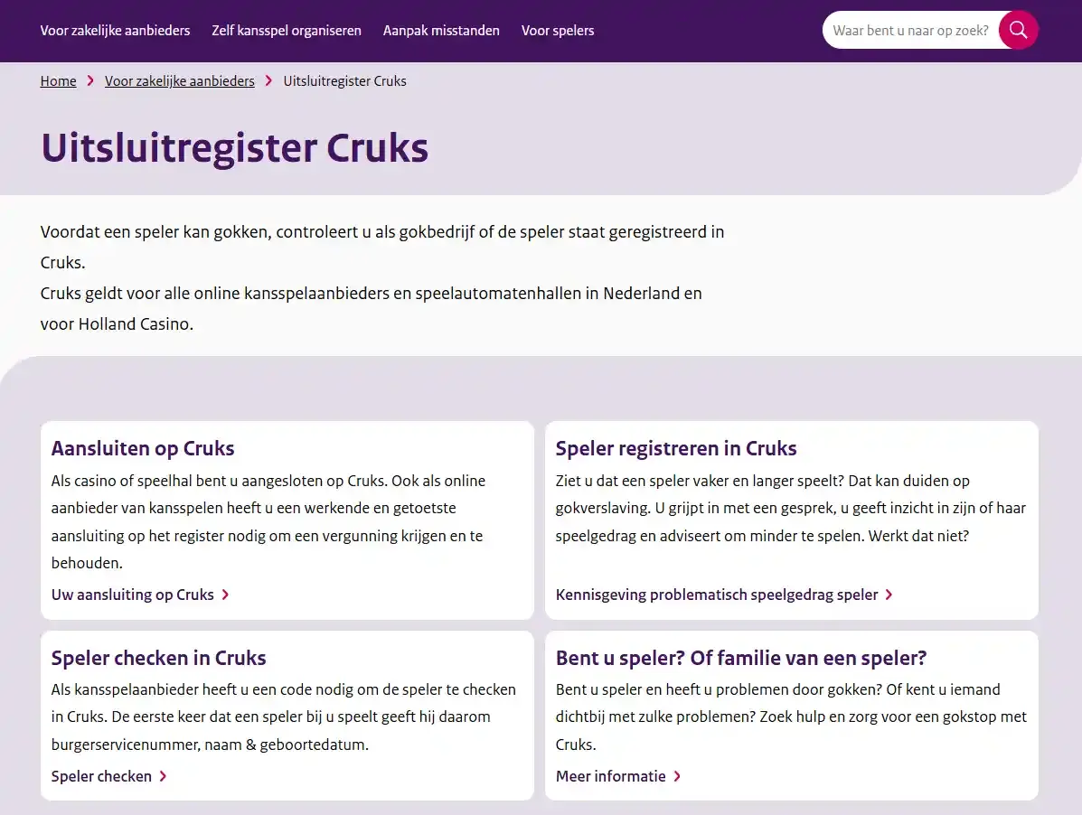 Officiële Kansspelautoriteit-pagina over Cruks en Nederlandse regels voor online kansspelaanbieders