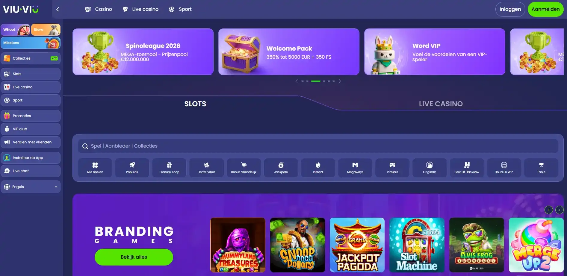 Viu-viu casinointerface en lobby